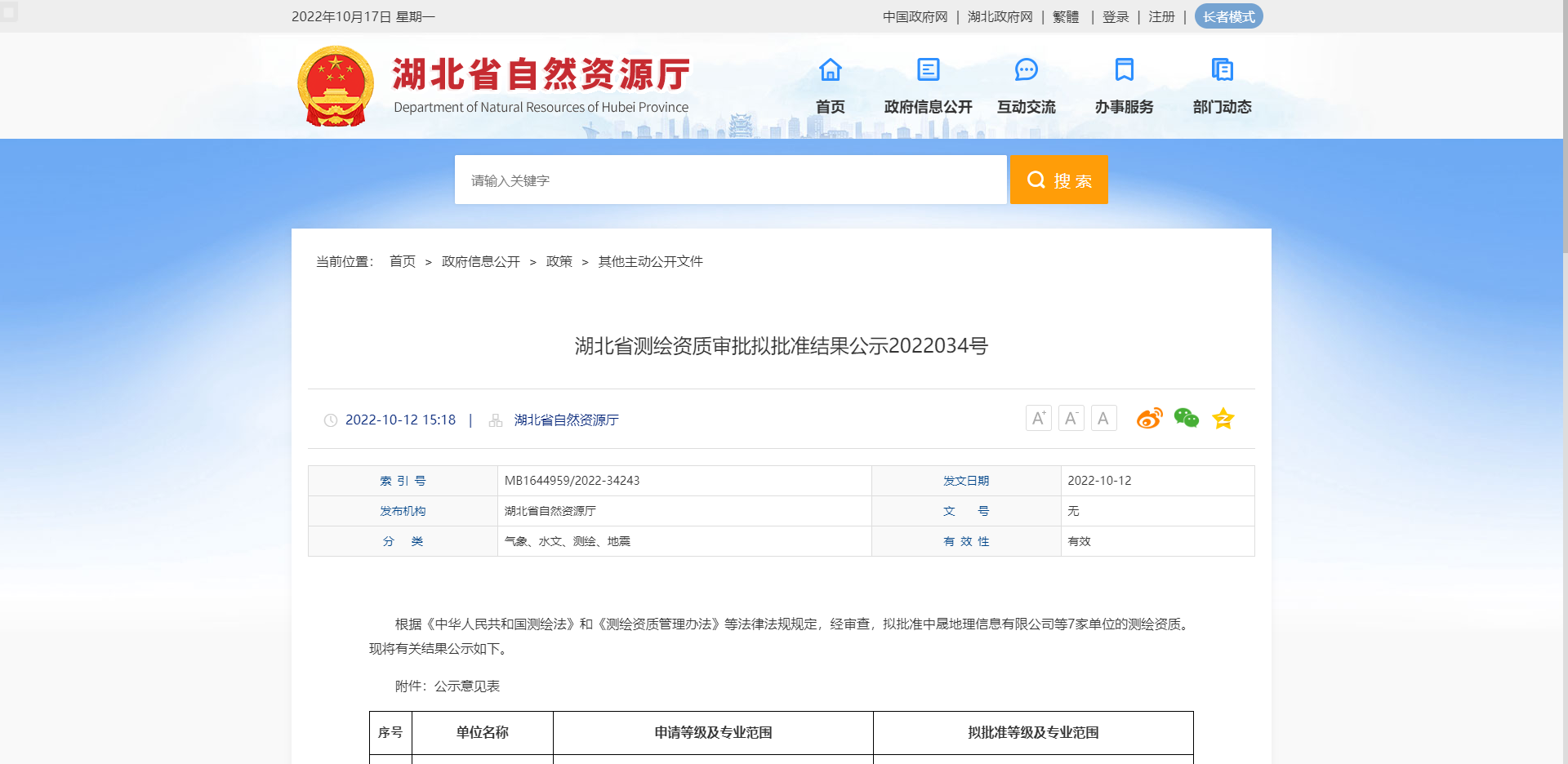 [湖北省]湖北省測繪資質審批擬批準結果公示2022034號