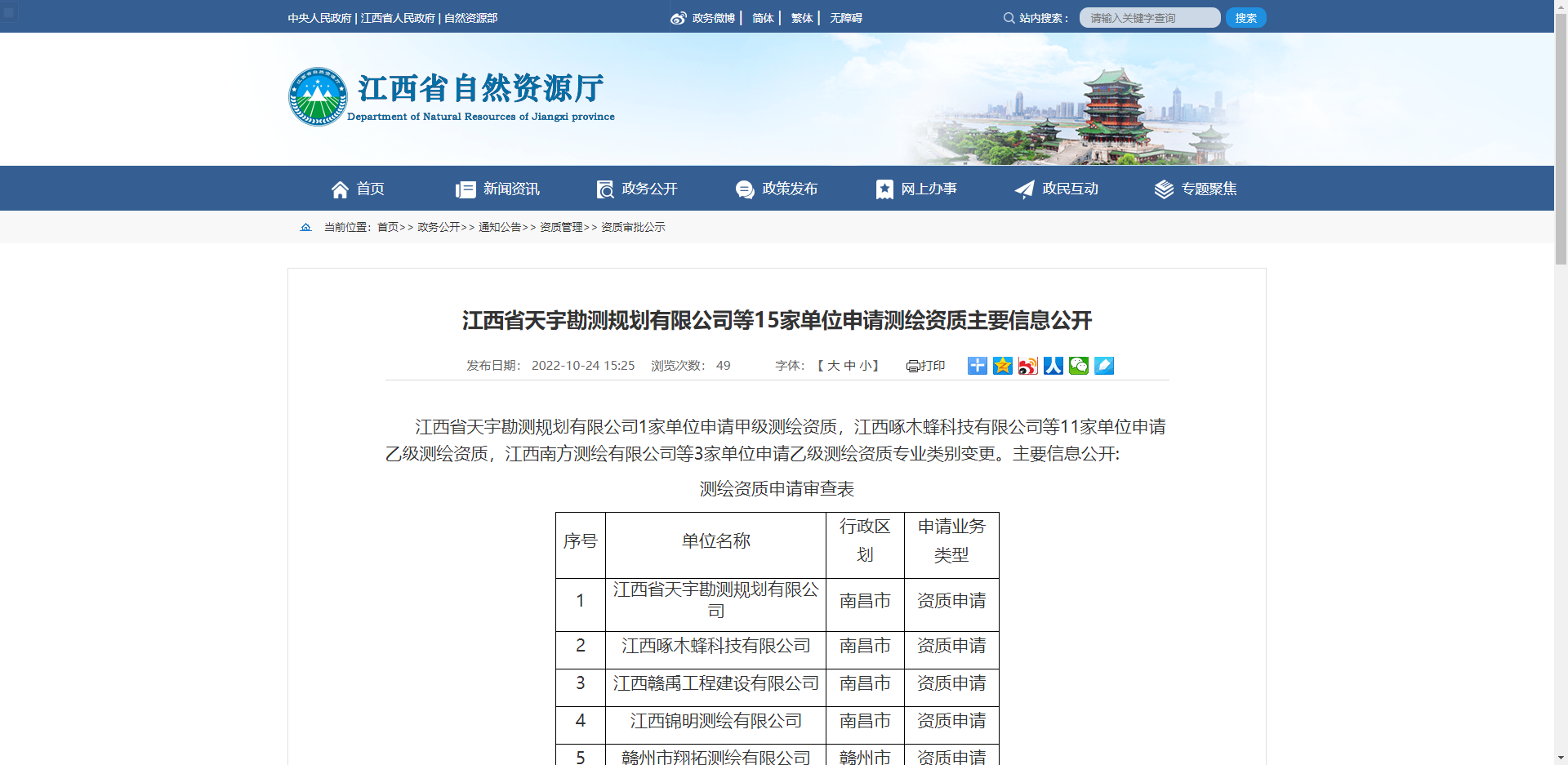 [江西省]江西省天宇勘測規劃有限公司等15家單位申請測繪資質主要信息公開