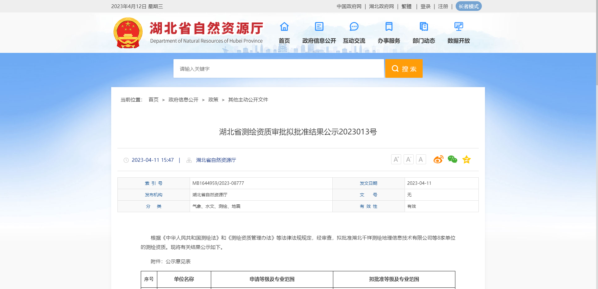 [湖北省]測繪資質審批擬批準結果公示2023013號